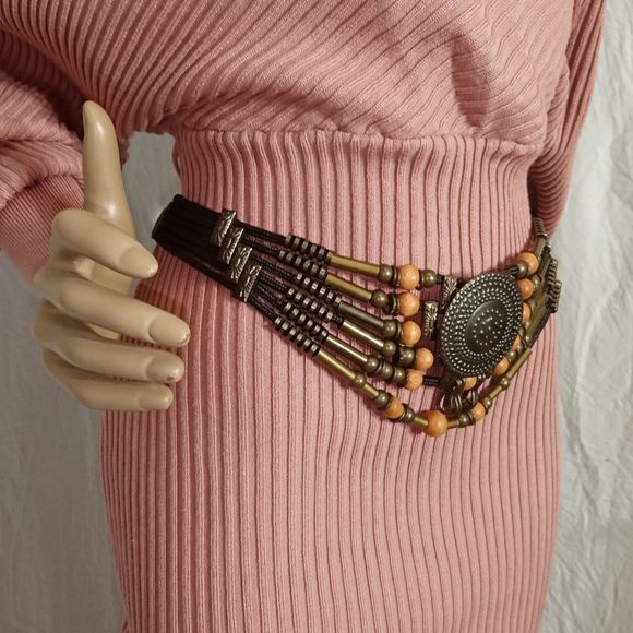 Vintage bohemian decorative belt with metal and wooden beads. Boho accessories. main image 5